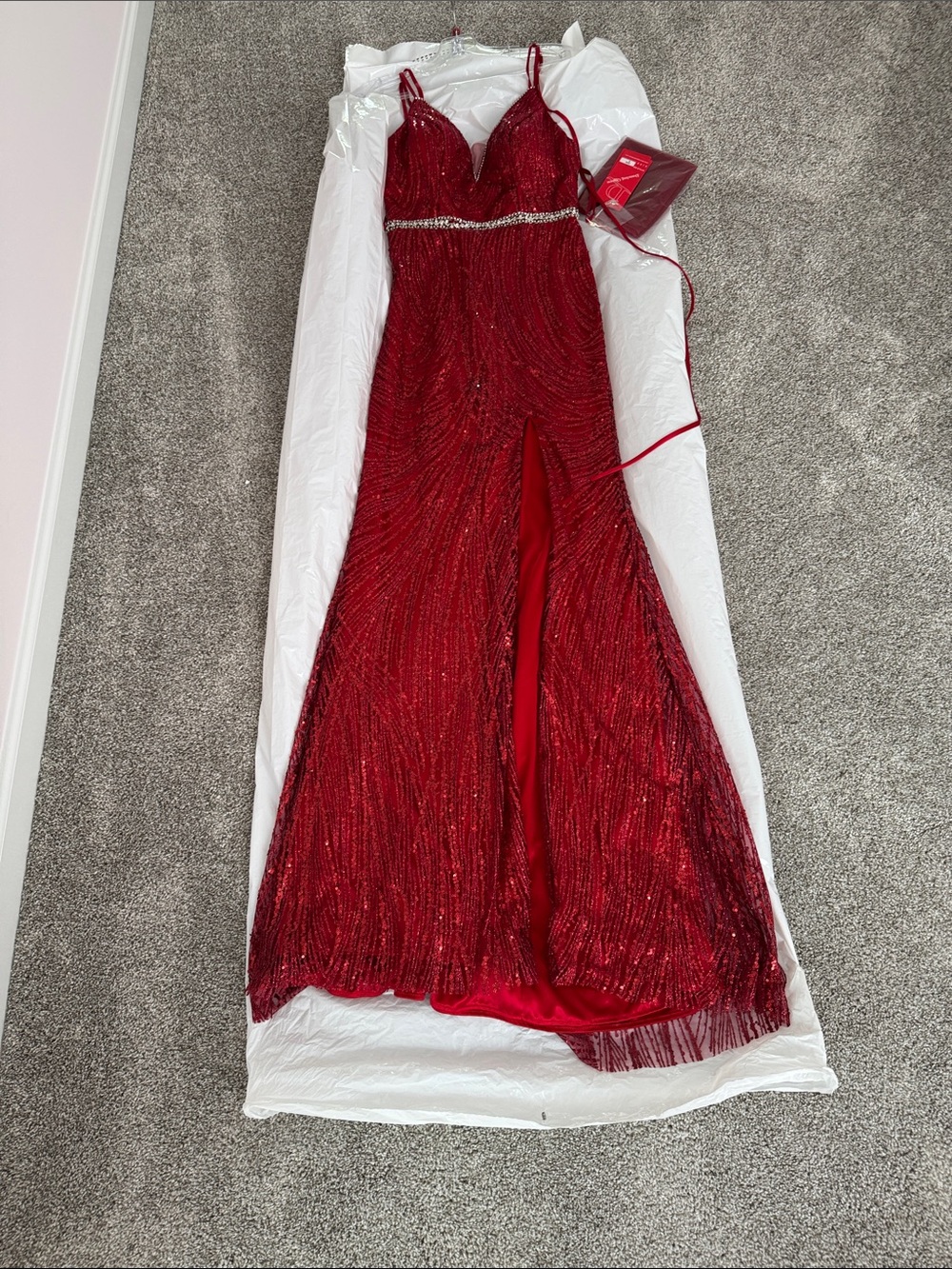 Dancing Queen Sparkling Burgundy Spaghetti-Strap Prom Gown